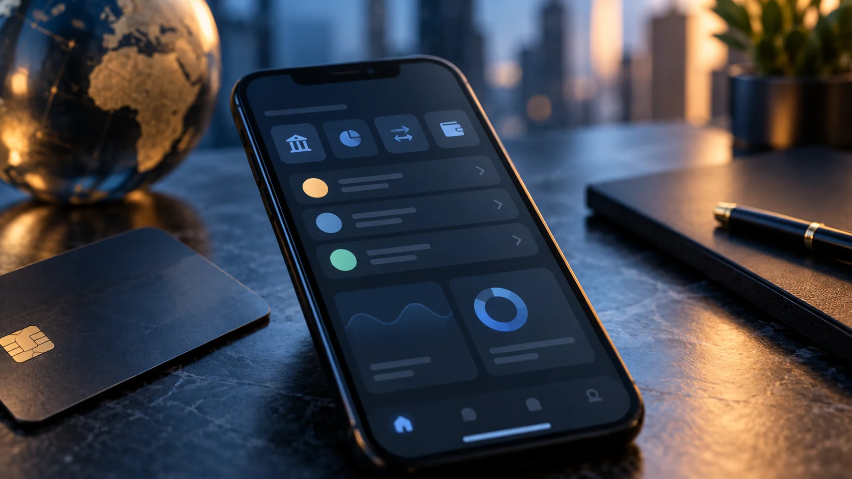 Smartphone con interfaccia finanziaria generica e carta di pagamento, immagine illustrativa