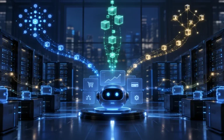 Agente digitale con tre reti blockchain collegate a server e portafogli per pagamenti automatici