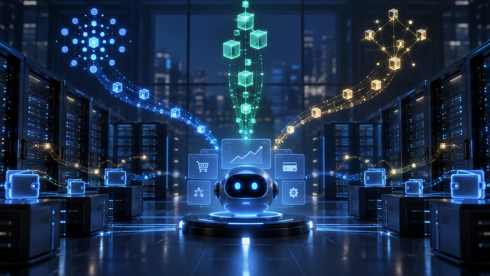 Agente digitale con tre reti blockchain collegate a server e portafogli per pagamenti automatici