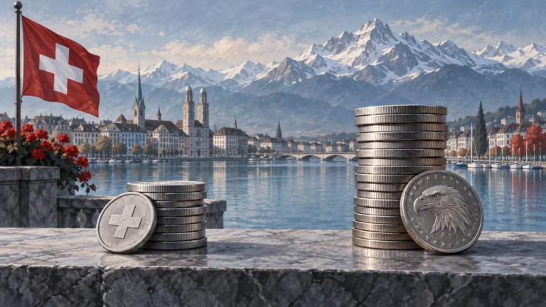Illustrazione del franco svizzero e del dollaro con pile di monete simboliche davanti a un paesaggio alpino