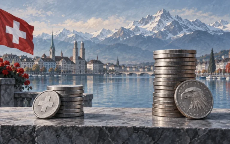Illustrazione del franco svizzero e del dollaro con pile di monete simboliche davanti a un paesaggio alpino
