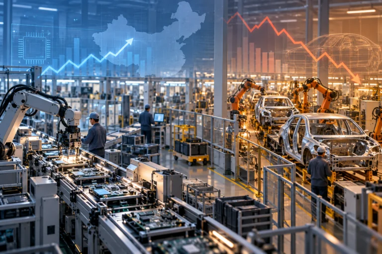 Illustrazione di una linea di produzione industriale cinese con macchinari, componenti elettronici e grafici astratti