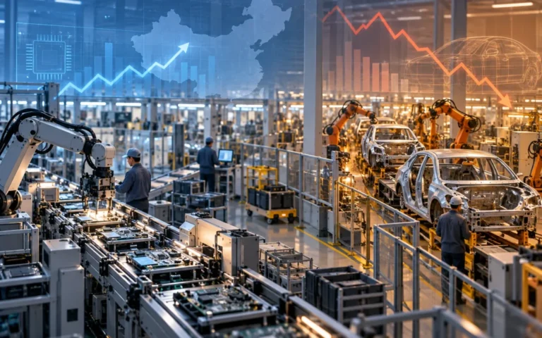 Illustrazione di una linea di produzione industriale cinese con macchinari, componenti elettronici e grafici astratti