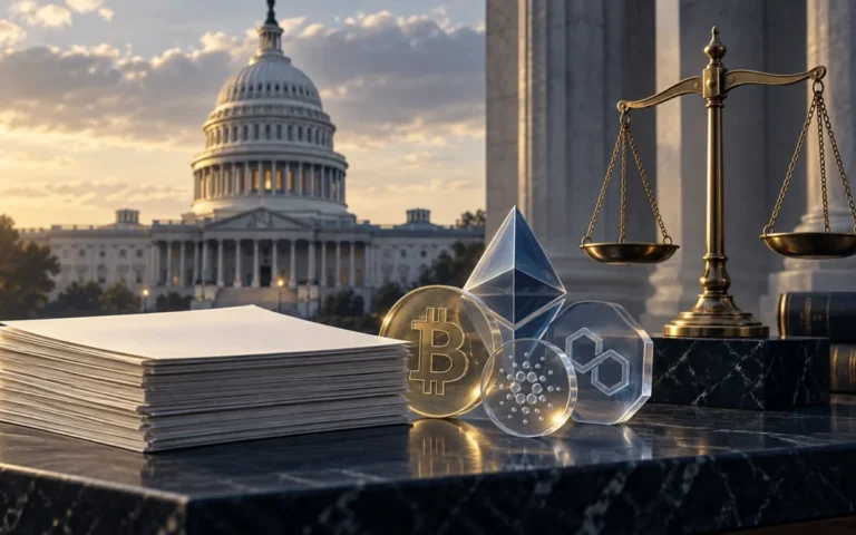 Illustrazione del Campidoglio statunitense con documenti legislativi, bilancia e token digitali