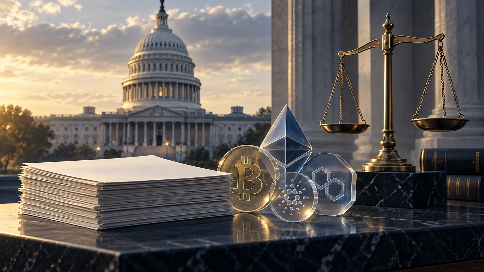 Illustrazione del Campidoglio statunitense con documenti legislativi, bilancia e token digitali