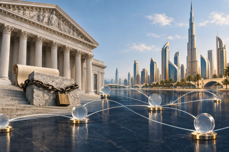 Illustrazione di una banca tradizionale e di uno skyline ispirato a Dubai collegati da una rete digitale