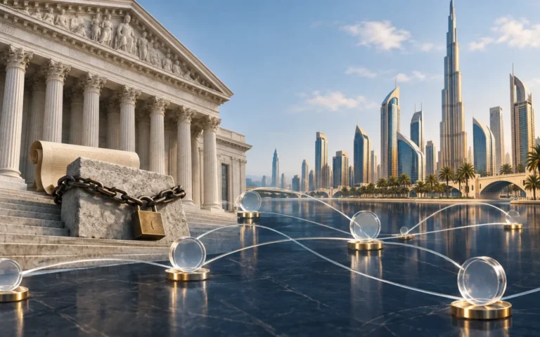 Illustrazione di una banca tradizionale e di uno skyline ispirato a Dubai collegati da una rete digitale