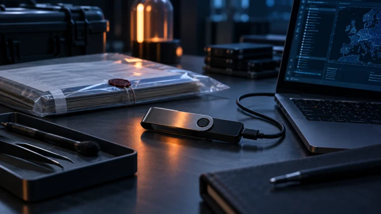 Hardware wallet su un banco di analisi per il recupero dei Bitcoin Coldcard