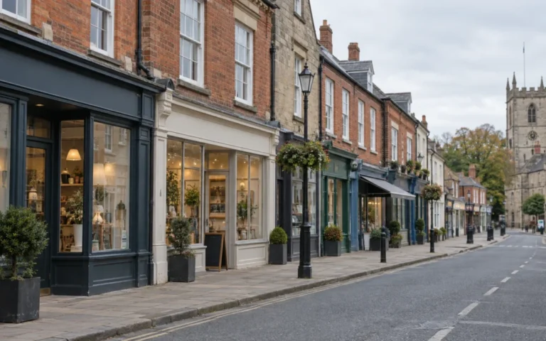 Edifici commerciali britannici in una strada urbana, immagine illustrativa di un REIT immobiliare