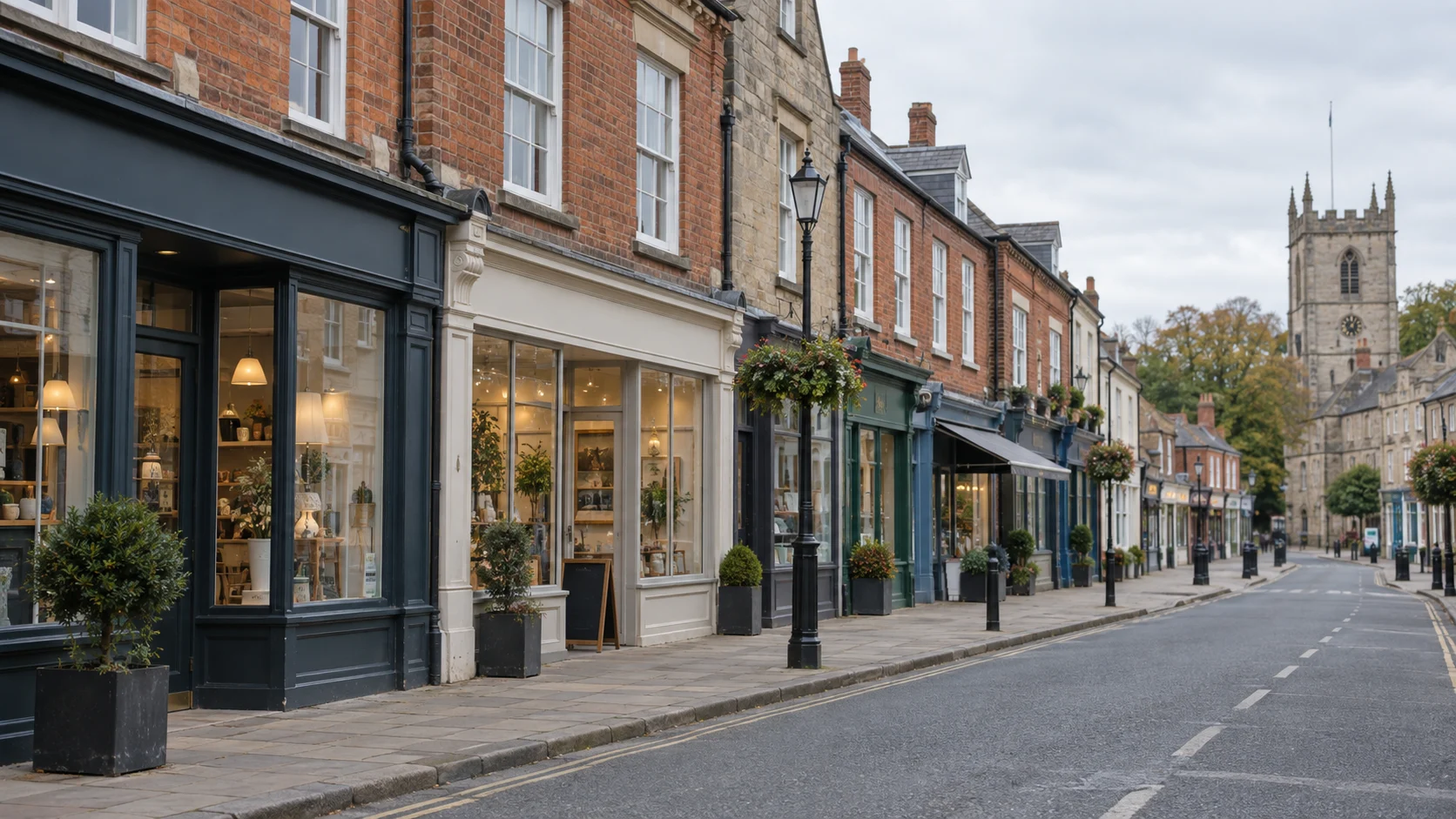 Edifici commerciali britannici in una strada urbana, immagine illustrativa di un REIT immobiliare