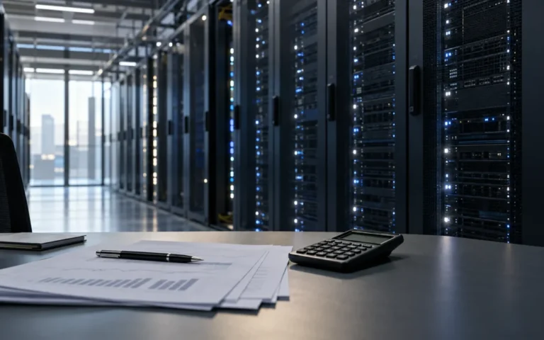 Sala server di un data center con documenti finanziari e calcolatrice in primo piano, immagine illustrativa