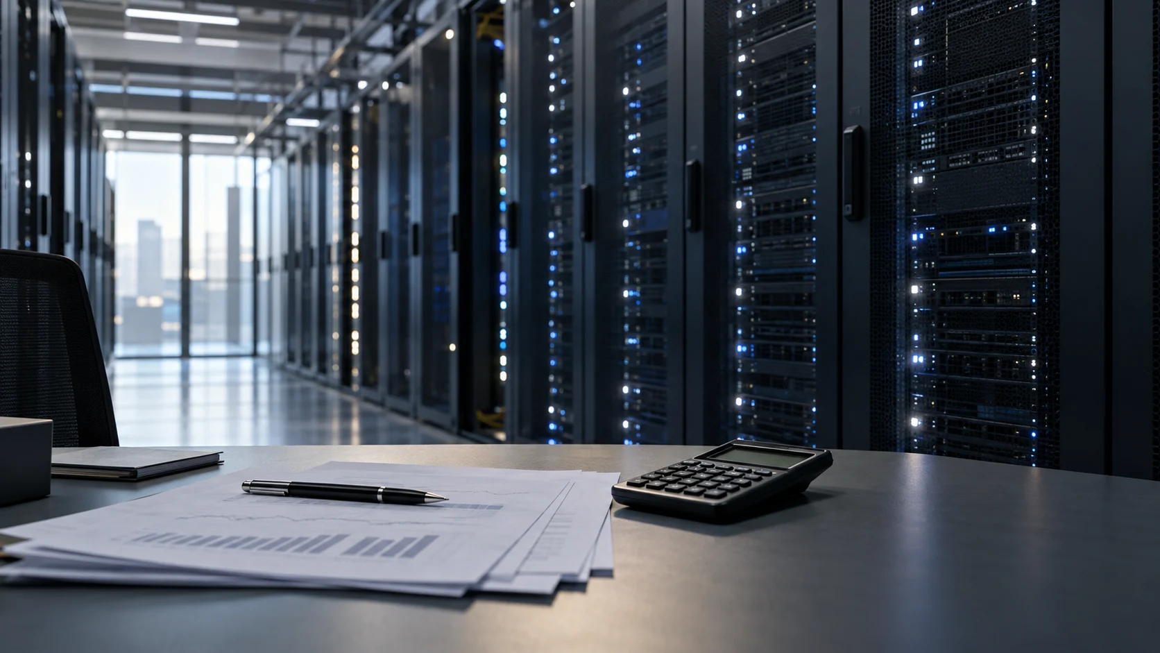 Sala server di un data center con documenti finanziari e calcolatrice in primo piano, immagine illustrativa