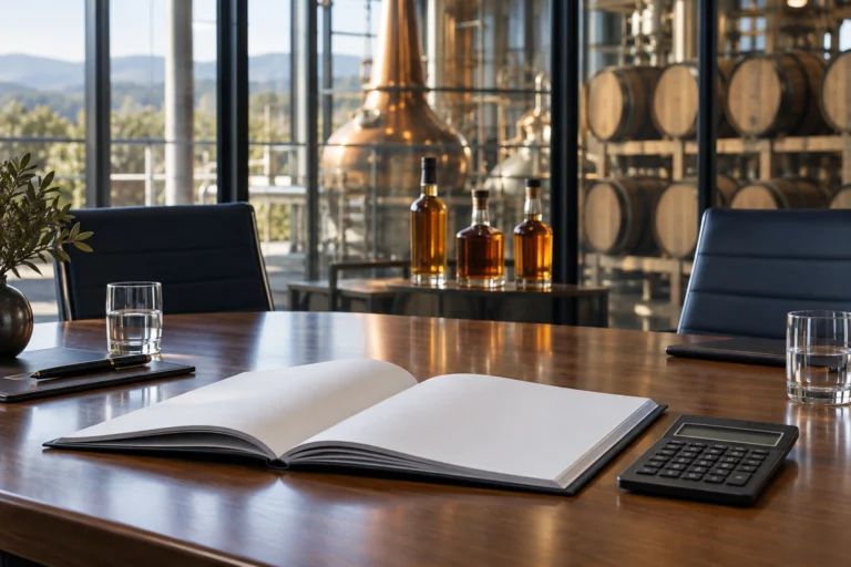 Illustrazione di documenti finanziari accanto a bottiglie di distillati e botti, dedicata al cambio di direzione finanziaria di Diageo