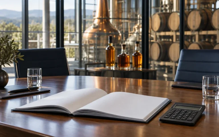 Illustrazione di documenti finanziari accanto a bottiglie di distillati e botti, dedicata al cambio di direzione finanziaria di Diageo