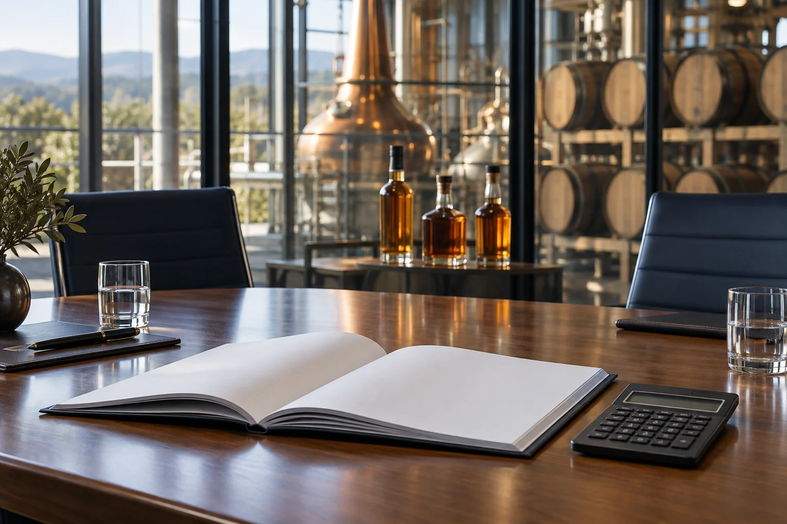 Illustrazione di documenti finanziari accanto a bottiglie di distillati e botti, dedicata al cambio di direzione finanziaria di Diageo