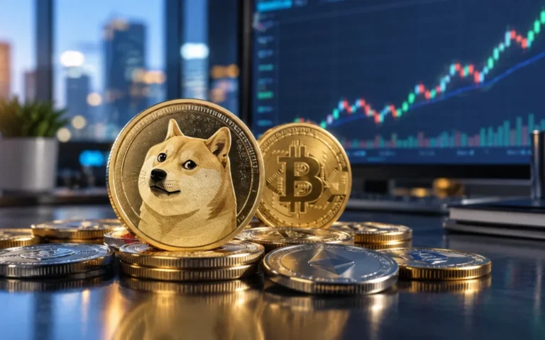 Moneta Dogecoin in primo piano davanti a Bitcoin e a un grafico di mercato in rialzo
