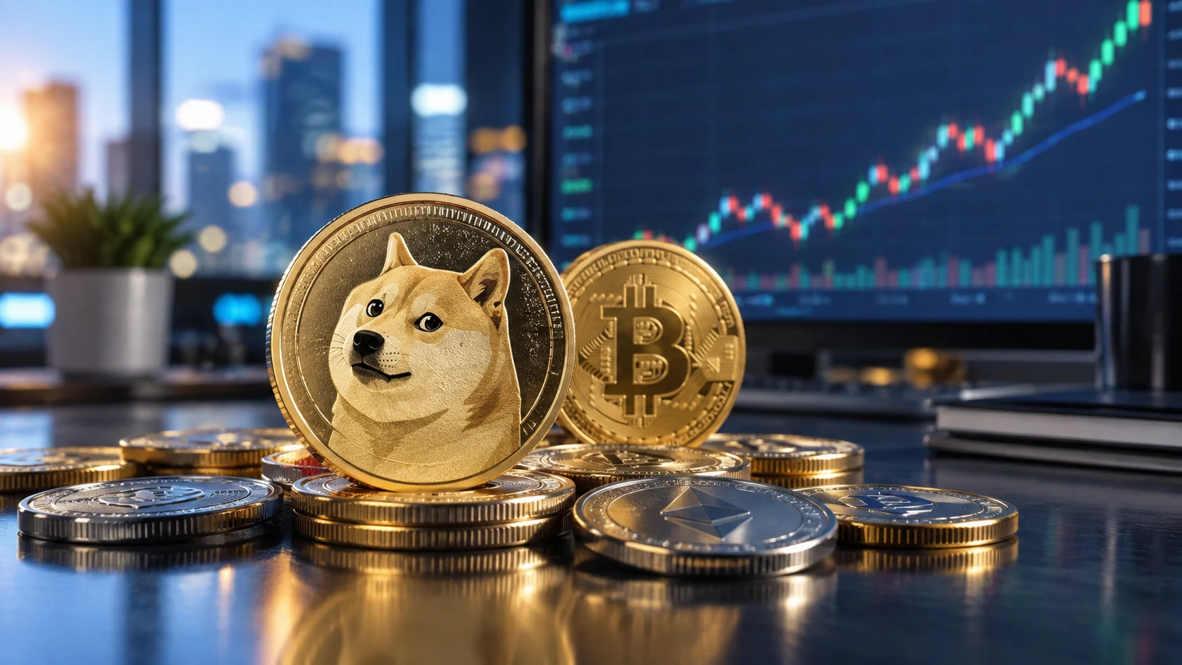 Moneta Dogecoin in primo piano davanti a Bitcoin e a un grafico di mercato in rialzo