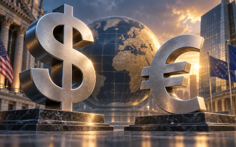 Simboli del dollaro e dell’euro in argento davanti a un globo e a edifici finanziari, illustrazione del mercato valutario