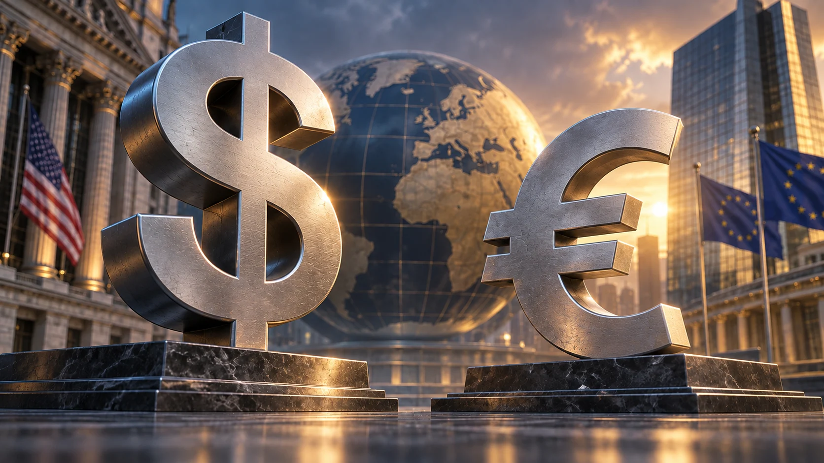 Simboli del dollaro e dell’euro in argento davanti a un globo e a edifici finanziari, illustrazione del mercato valutario