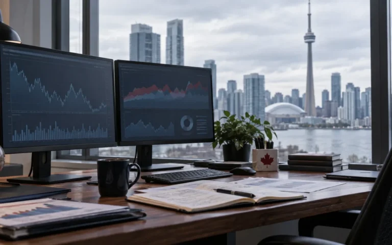 Illustrazione generata con IA di una postazione di analisi finanziaria a Toronto, con una foglia d’acero e grafici astratti; non mostra dati di mercato reali.