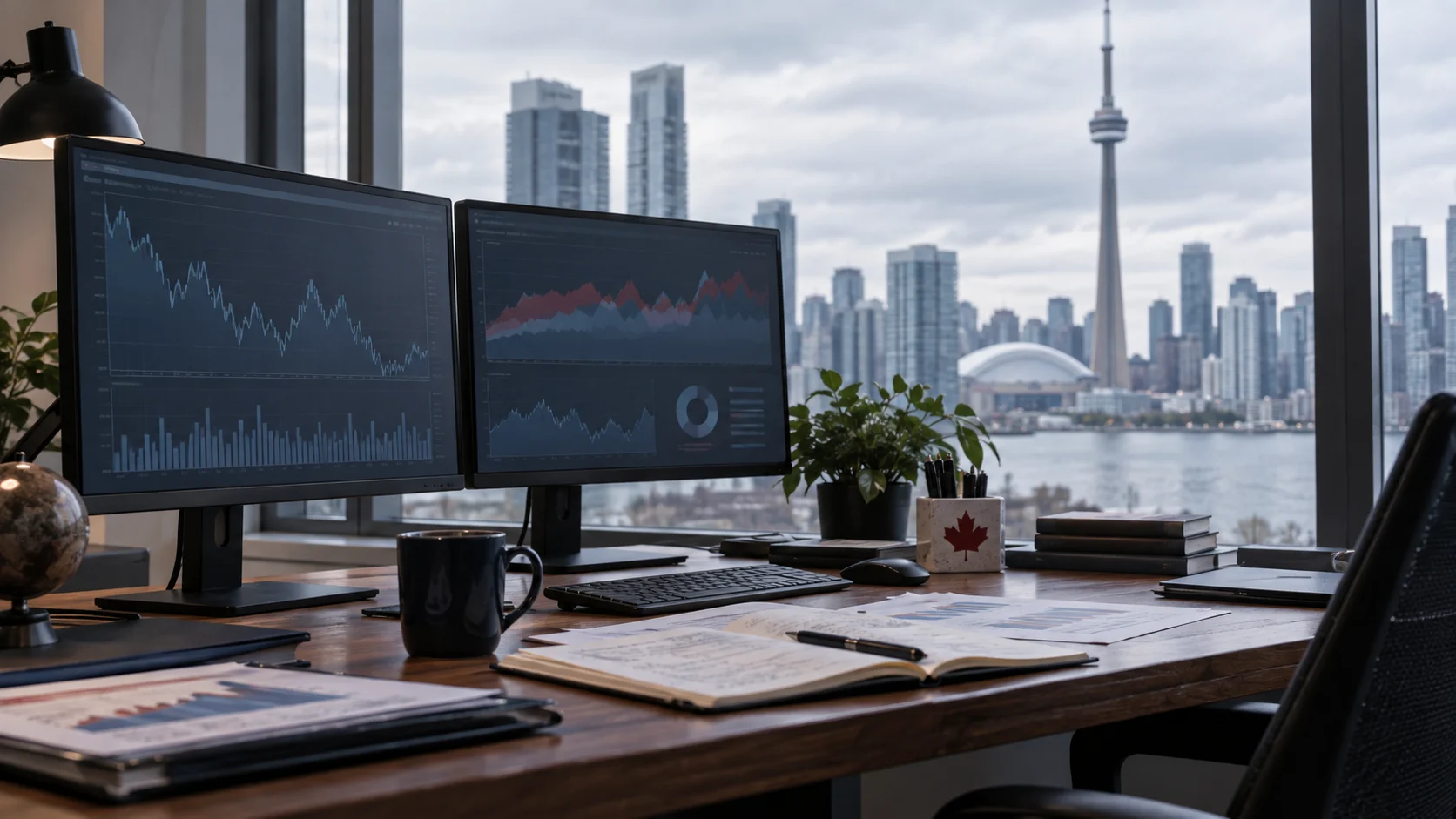 Illustrazione generata con IA di una postazione di analisi finanziaria a Toronto, con una foglia d’acero e grafici astratti; non mostra dati di mercato reali.
