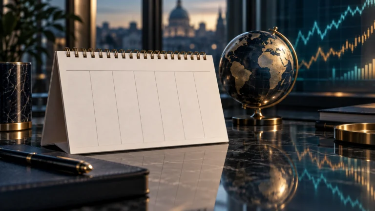 Illustrazione concettuale di un calendario economico, un globo e grafici finanziari astratti.