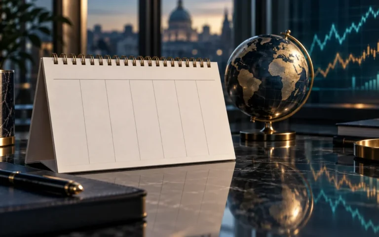 Illustrazione concettuale di un calendario economico, un globo e grafici finanziari astratti.