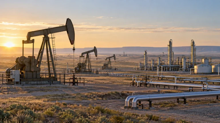 Campo petrolifero e impianto di trattamento del gas naturale negli Stati Uniti al sorgere del sole