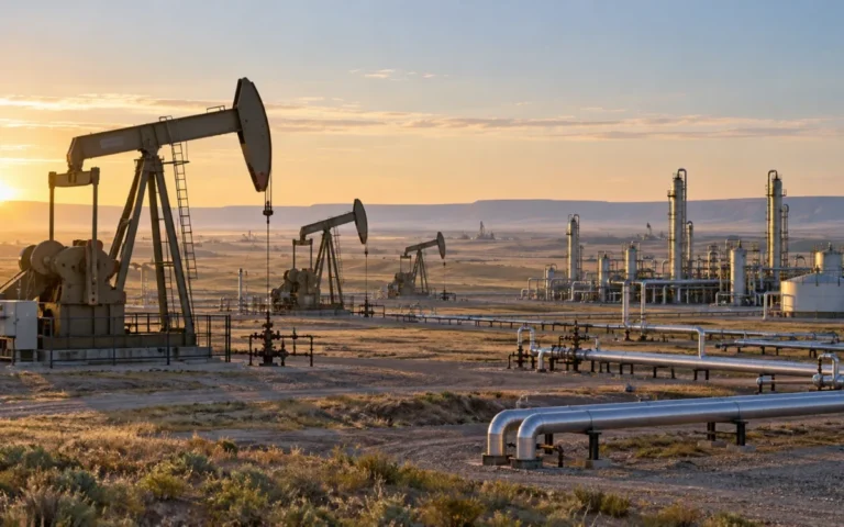 Campo petrolifero e impianto di trattamento del gas naturale negli Stati Uniti al sorgere del sole