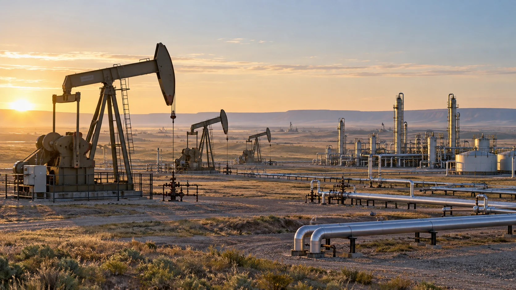 Campo petrolifero e impianto di trattamento del gas naturale negli Stati Uniti al sorgere del sole