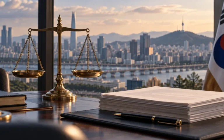 Illustrazione generata con IA di bilancia della giustizia, documenti e skyline di Seoul; non raffigura il procedimento reale.