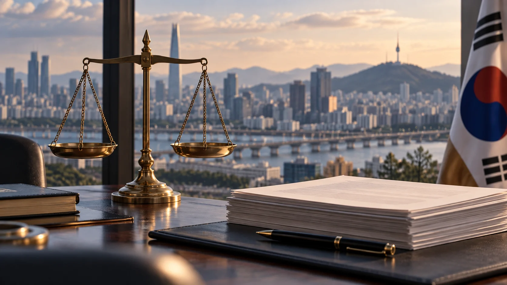 Illustrazione generata con IA di bilancia della giustizia, documenti e skyline di Seoul; non raffigura il procedimento reale.