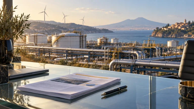 Illustrazione di un report finanziario davanti a infrastrutture energetiche, con serbatoi e impianti industriali