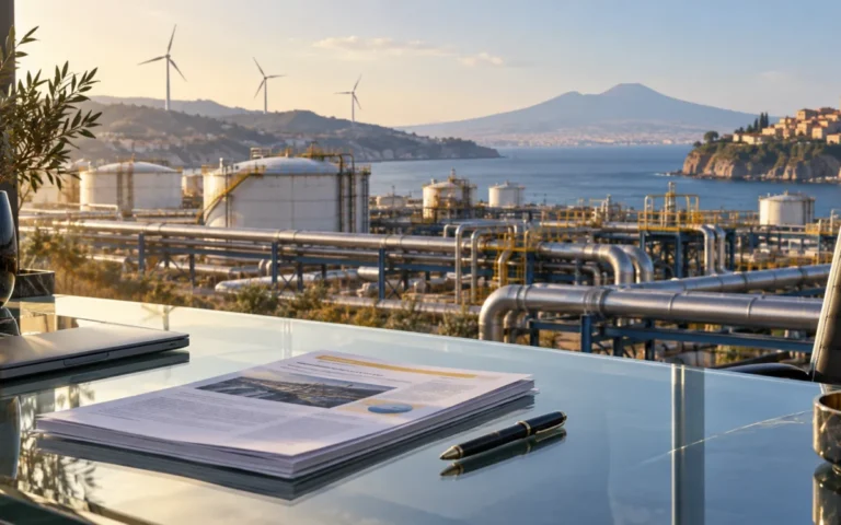 Illustrazione di un report finanziario davanti a infrastrutture energetiche, con serbatoi e impianti industriali