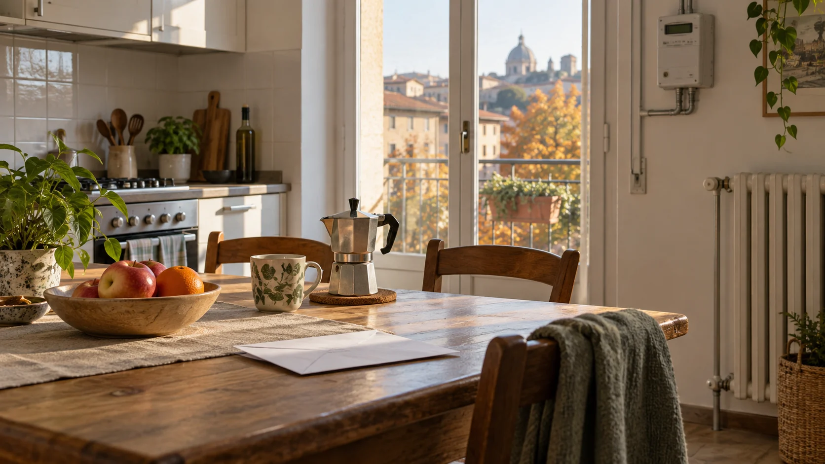 Interno di una casa italiana con contatore e termosifone, immagine illustrativa dell’offerta luce e gas Plenitude.