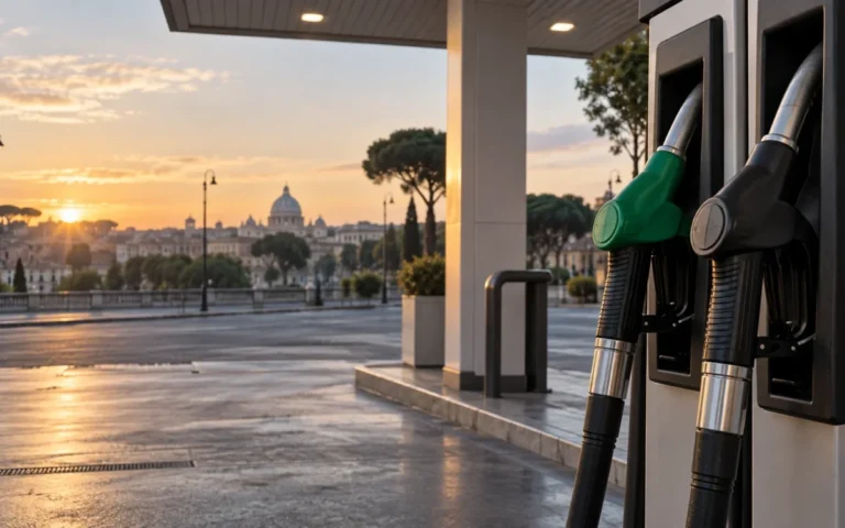Distributore di carburante illustrato al mattino, con due pistole per benzina e diesel.