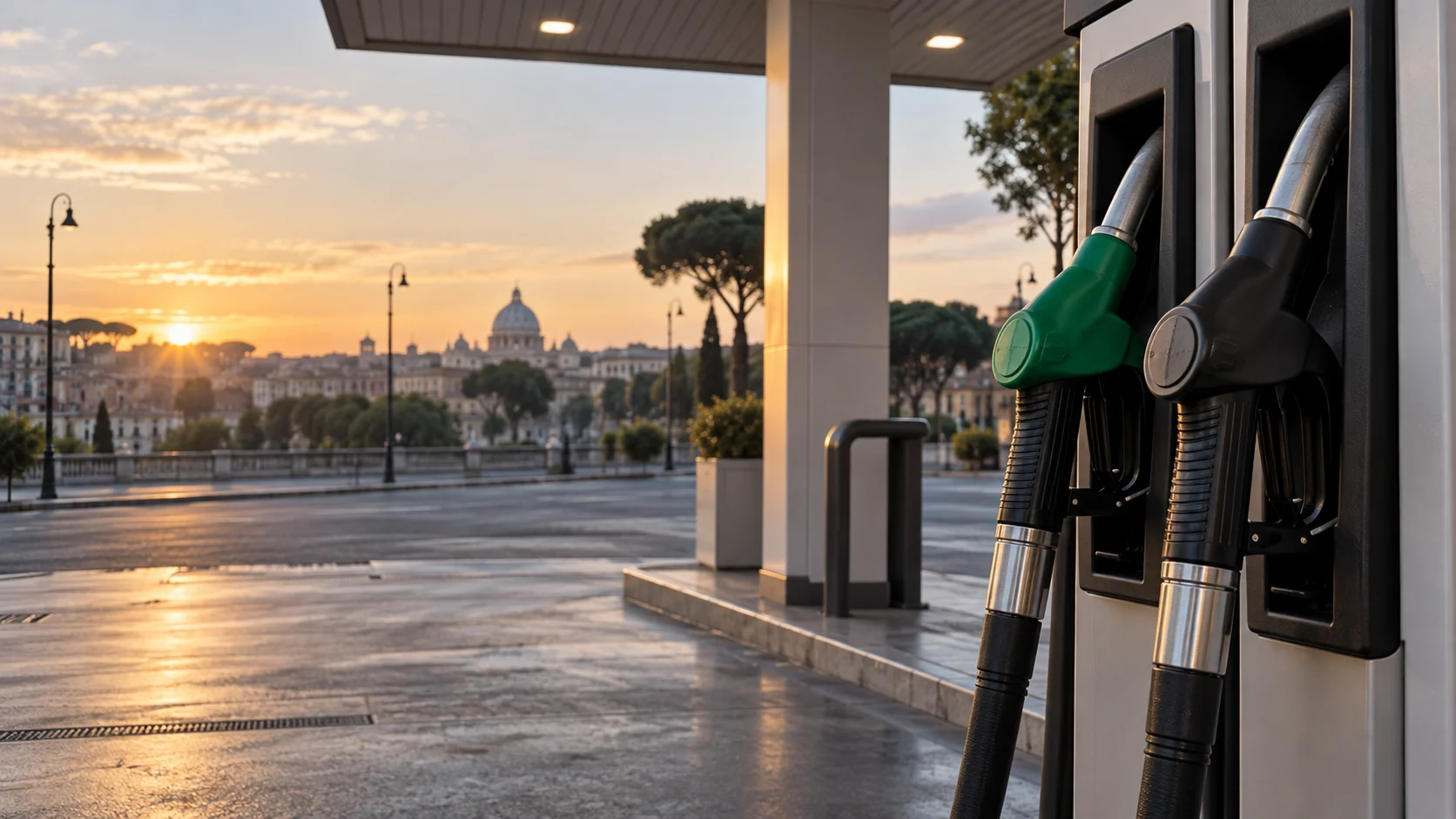 Distributore di carburante illustrato al mattino, con due pistole per benzina e diesel.