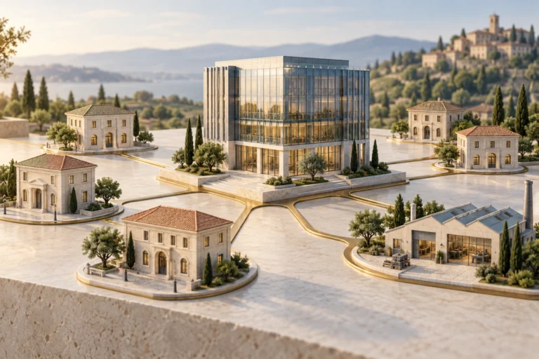 Illustrazione di un centro finanziario collegato a banche locali e imprese italiane