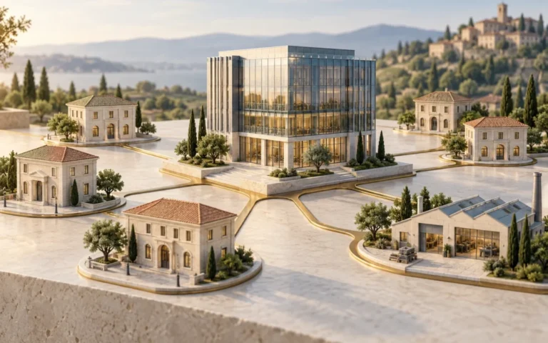 Illustrazione di un centro finanziario collegato a banche locali e imprese italiane