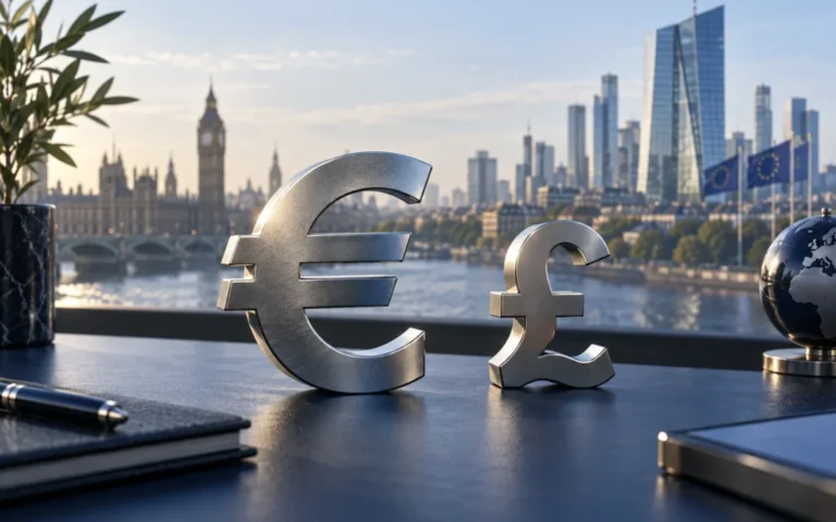 Illustrazione dei simboli euro e sterlina con edifici finanziari britannici ed europei sullo sfondo