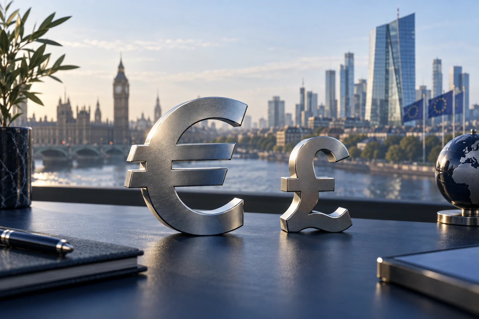 Illustrazione dei simboli euro e sterlina con edifici finanziari britannici ed europei sullo sfondo