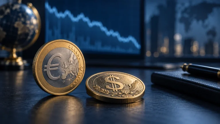 Illustrazione generata con IA di monete euro e dollaro davanti a una linea di mercato discendente; non rappresenta una quotazione reale.