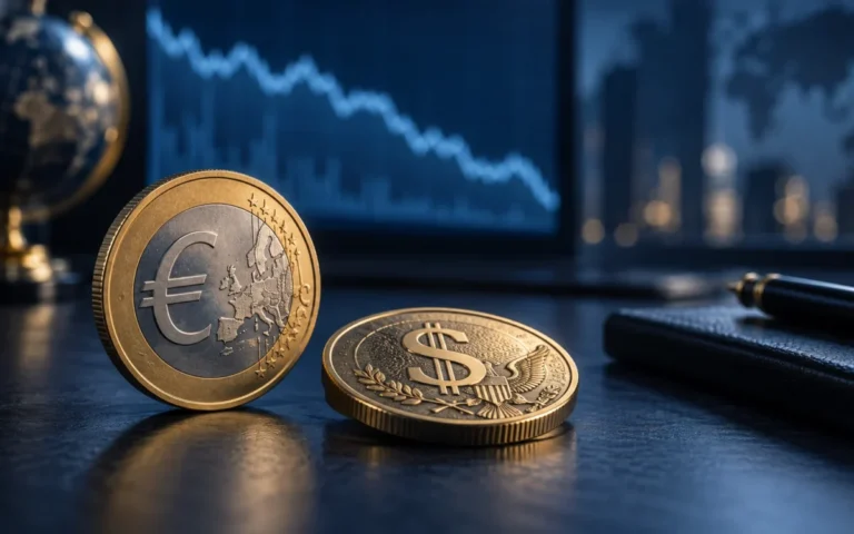Illustrazione generata con IA di monete euro e dollaro davanti a una linea di mercato discendente; non rappresenta una quotazione reale.