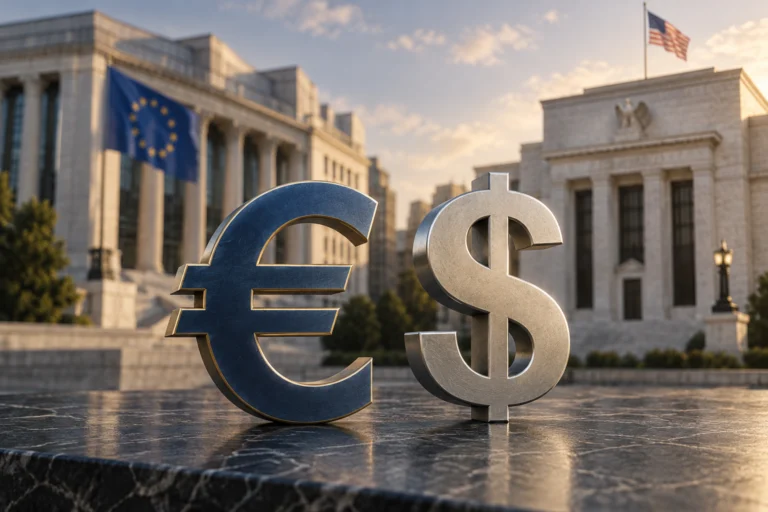 Illustrazione dei simboli euro e dollaro davanti ad architetture finanziarie europee e statunitensi