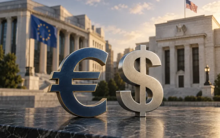 Illustrazione dei simboli euro e dollaro davanti ad architetture finanziarie europee e statunitensi