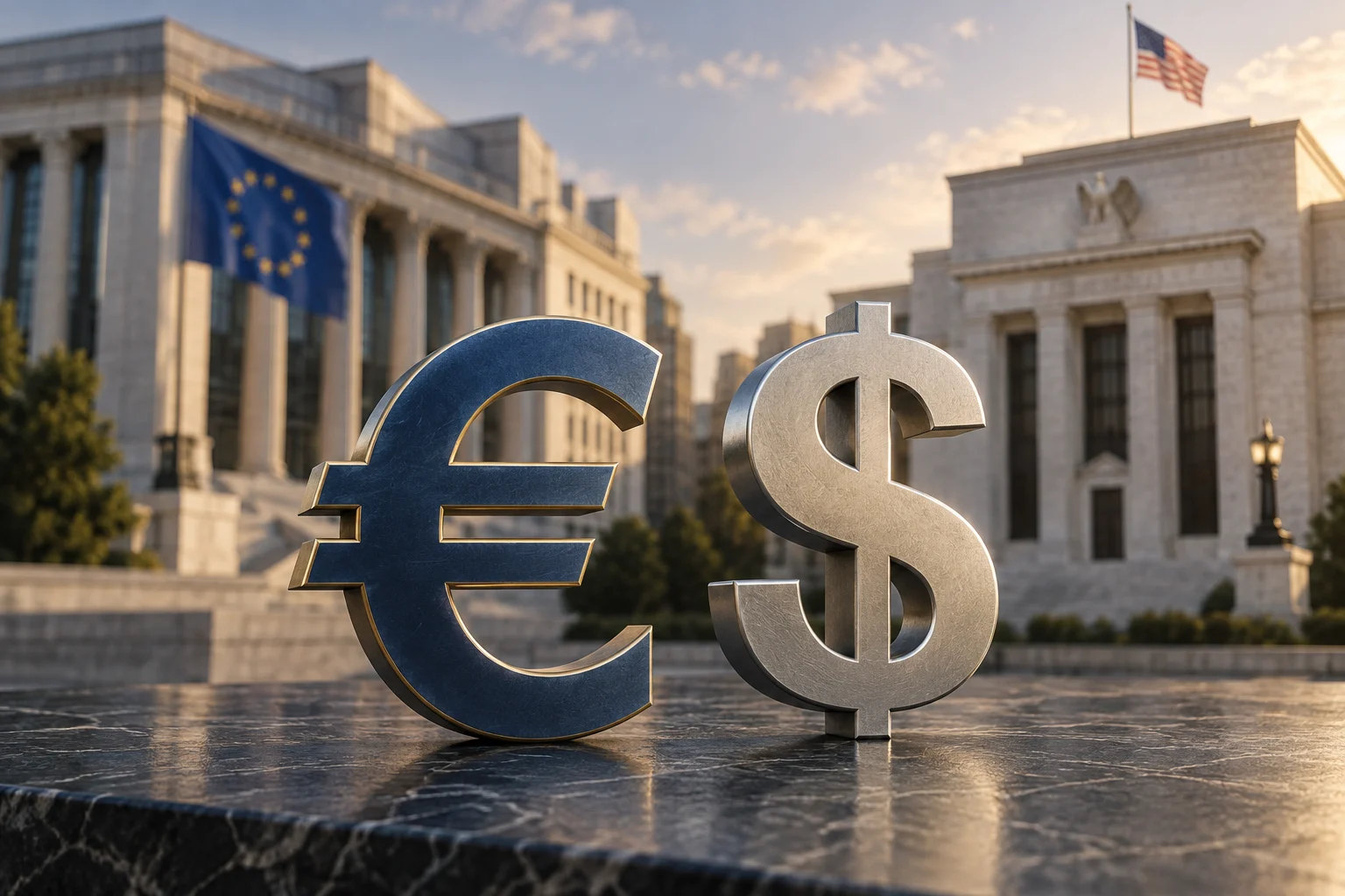 Illustrazione dei simboli euro e dollaro davanti ad architetture finanziarie europee e statunitensi