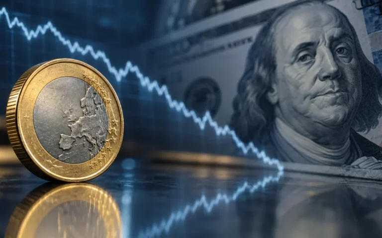 Illustrazione editoriale di una moneta euro, dollari e linea di mercato in discesa