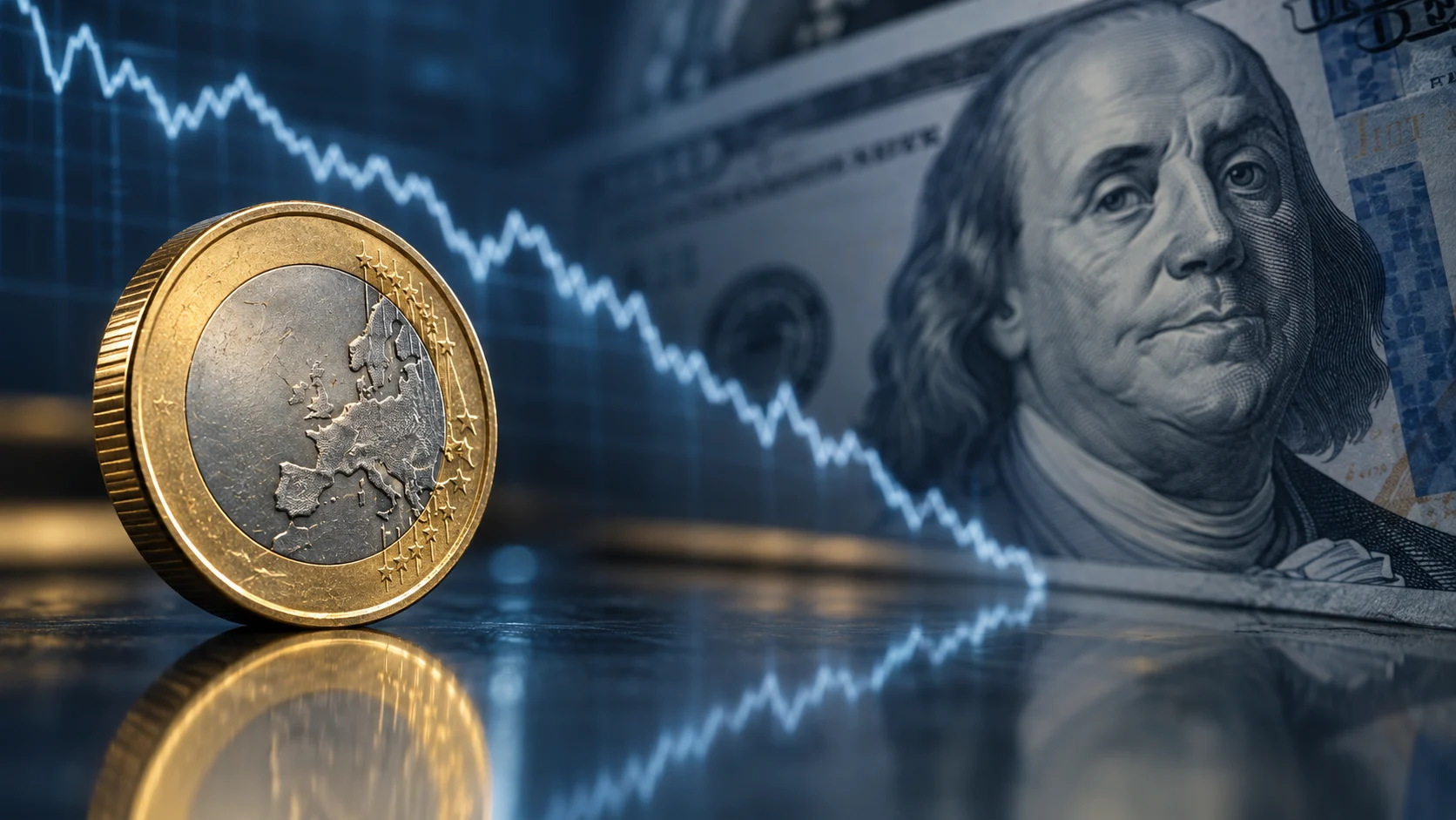 Illustrazione editoriale di una moneta euro, dollari e linea di mercato in discesa