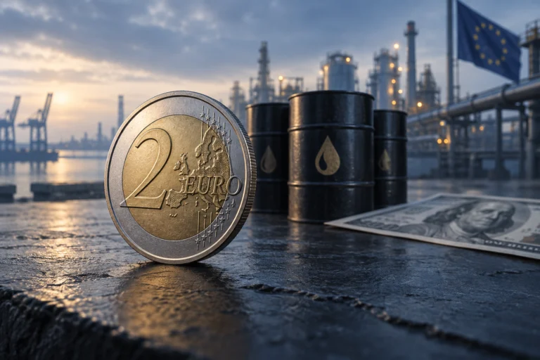 Illustrazione di una moneta da due euro accanto a barili di petrolio e a una banconota statunitense, con impianti industriali sullo sfondo.