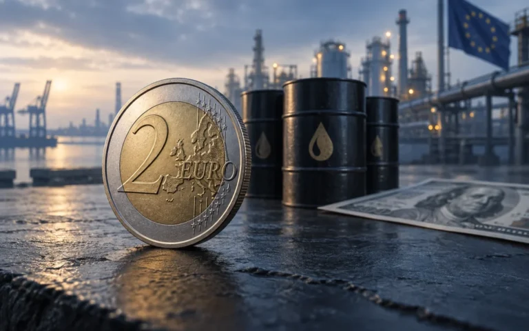 Illustrazione di una moneta da due euro accanto a barili di petrolio e a una banconota statunitense, con impianti industriali sullo sfondo.